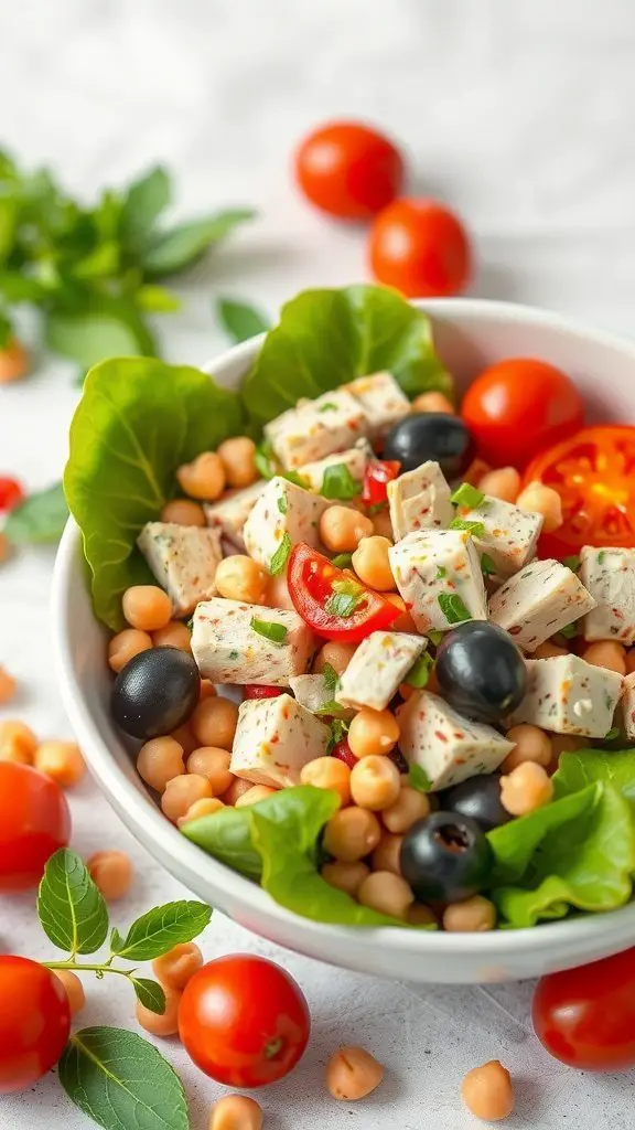 A bowl of Mediterranean Tuna Salad with chickpeas, cherry tomatoes, olives, and greens.