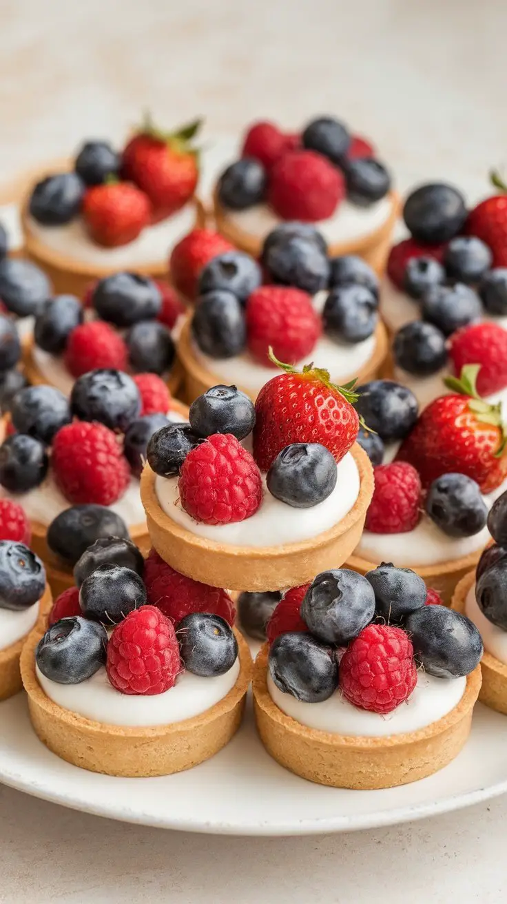 Mini fruit tarts topped with yogurt cream and fresh berries.