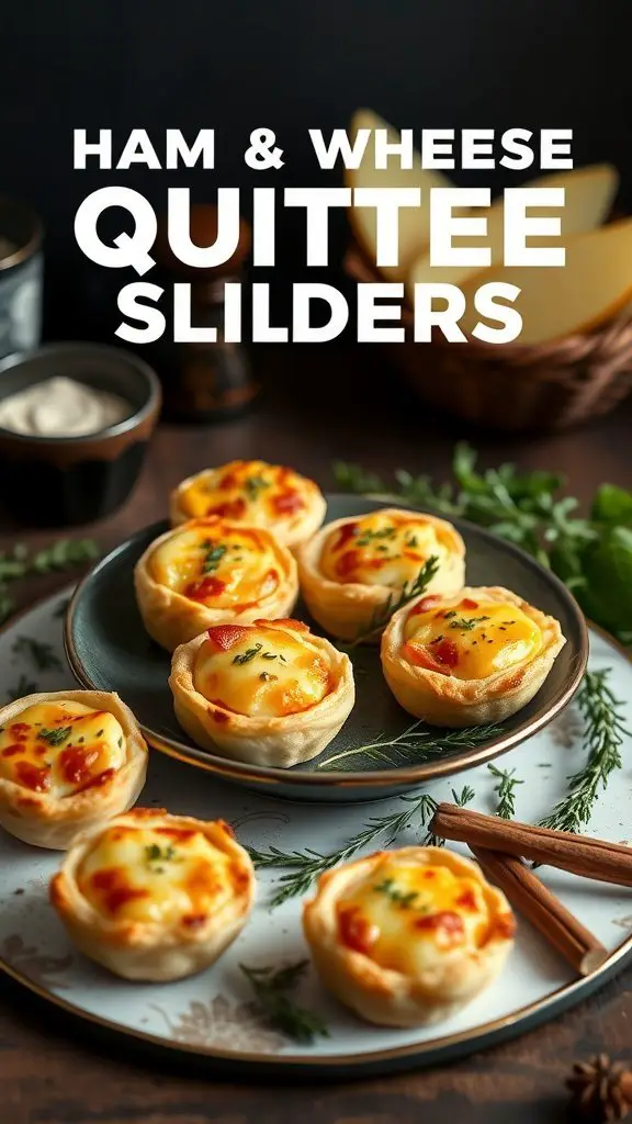 A platter of mini ham and cheese quiche sliders with a sprinkle of herbs on top