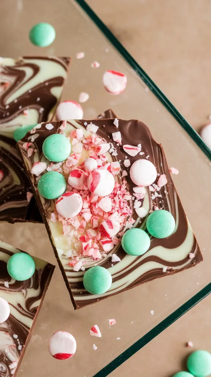 Mint-infused chocolate bark topped with crushed candies and colorful chocolate gems.