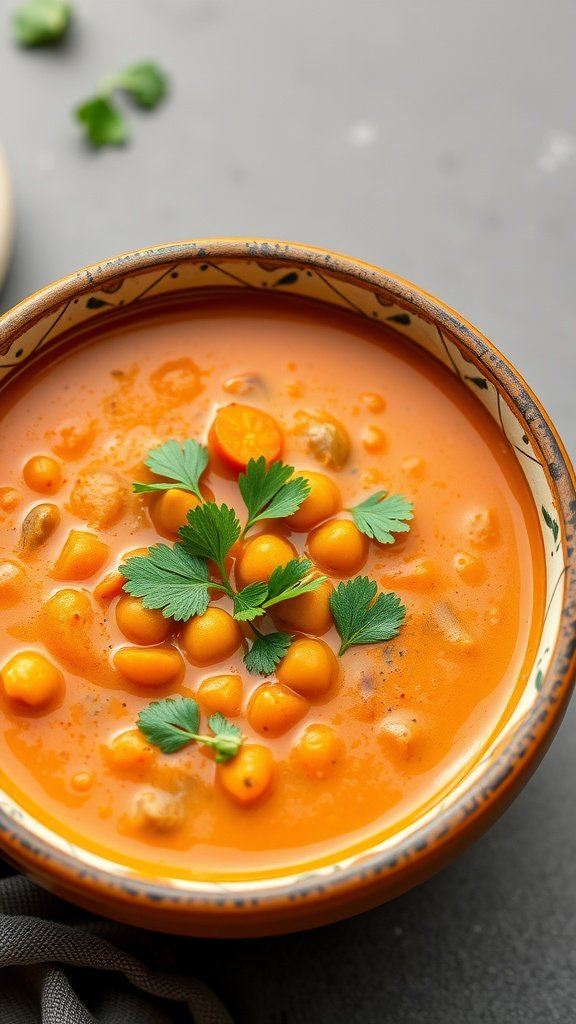 Bowl of Moroccan chickpea and carrot soup topped with fresh herbs