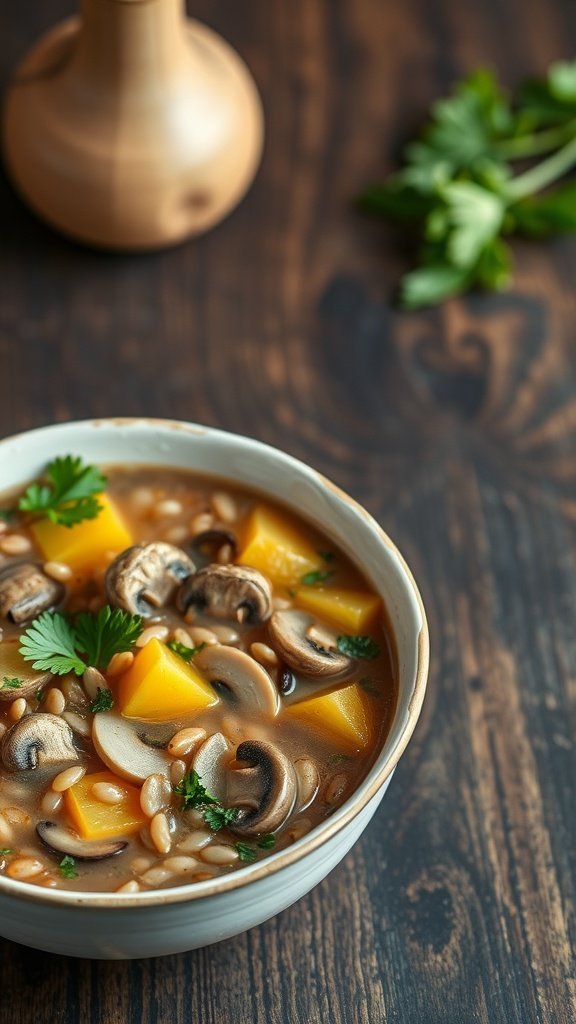 A bowl of mushroom and barley soup with mushrooms, squash, and herbs
