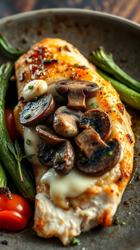 A chicken breast stuffed with mushrooms and cheese, served with green vegetables and cherry tomatoes