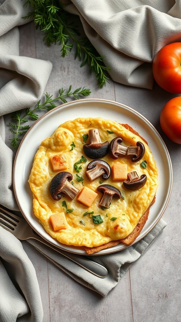 A delicious mushroom and herb omelette, topped with cheese and fresh herbs, served on a plate with tomatoes in the background.