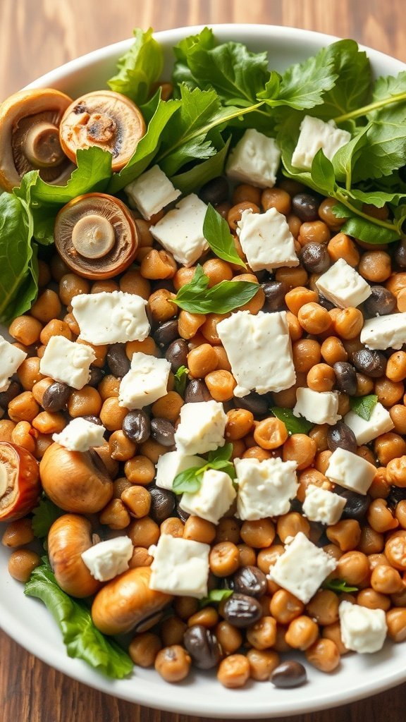 A vibrant Mushroom and Lentil Salad with chickpeas, mushrooms, greens, and cheese.