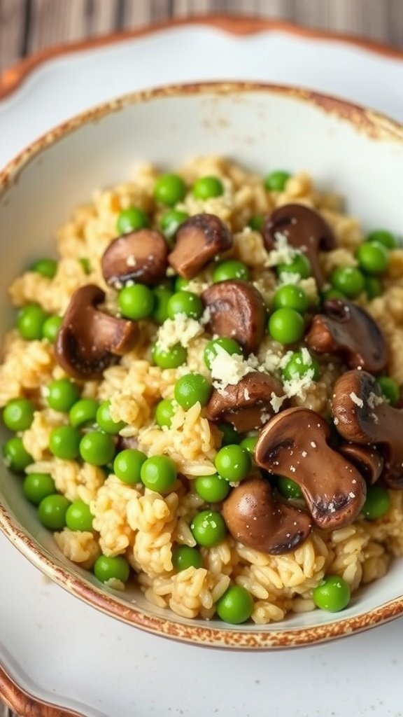 A bowl of mushroom and pea risotto topped with green peas and sautéed mushrooms.