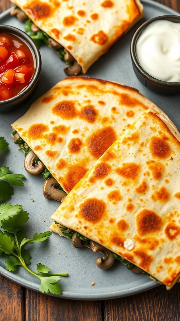Delicious mushroom and spinach quesadillas served with salsa and sour cream on a plate.