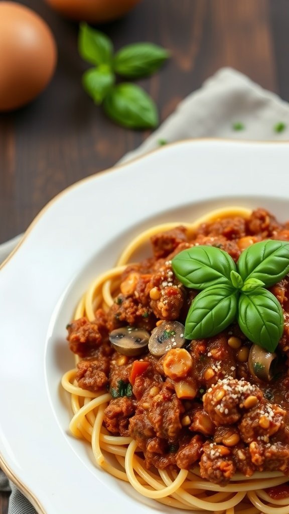 A plate of spaghetti topped with mushroom bolognese sauce and fresh basil leaves.