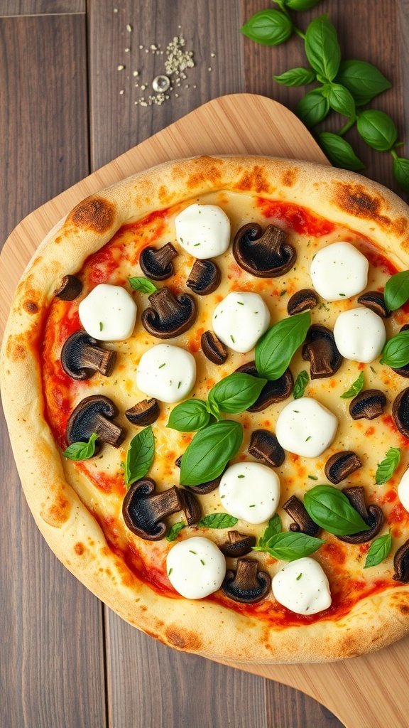 Mushroom pizza topped with fresh basil and mozzarella on a wooden board.