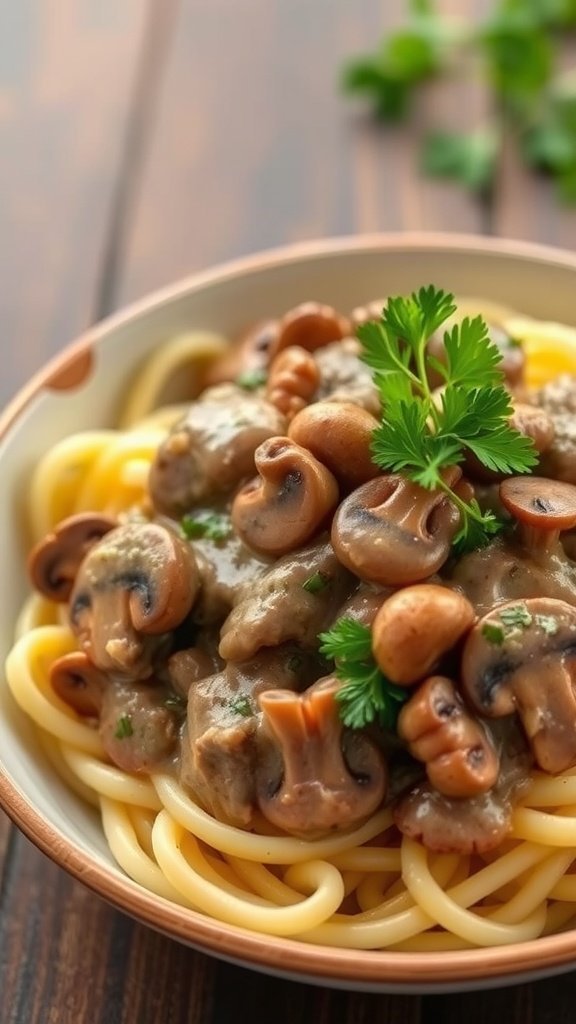 A bowl of mushroom stroganoff served on spaghetti, garnished with parsley.