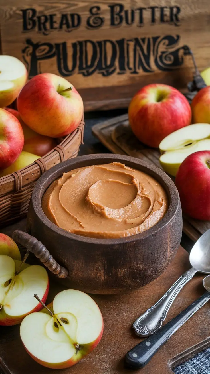 A bowl of nut butter dip surrounded by fresh sliced apples and whole apples.