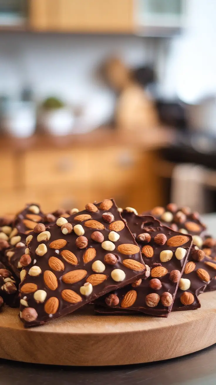 A close-up of nutty almond and hazelnut chocolate bark topped with almonds and hazelnuts on a wooden platter.