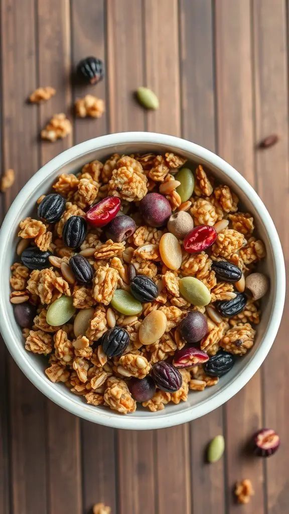 A bowl of nutty granola mixed with various dried fruits and seeds on a wooden surface.