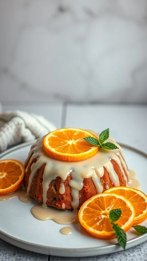 Olive oil cake with citrus glaze topped with orange slices and mint leaves