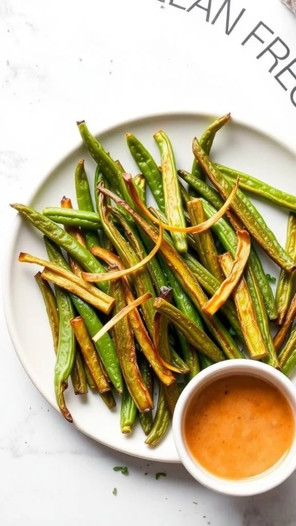 A plate of crispy oven-baked green bean fries served with a dipping sauce.