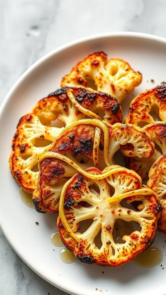 Oven-roasted cauliflower steaks on a white plate.