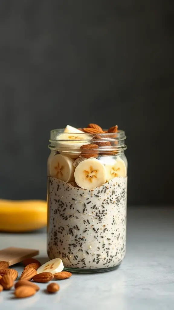 A jar of overnight oats with chia seeds, topped with banana slices and almonds.