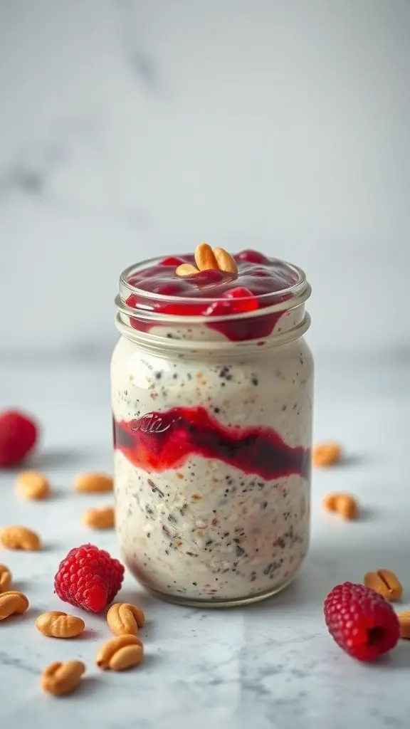 A jar of peanut butter and jelly overnight oats topped with peanuts and fresh raspberries.