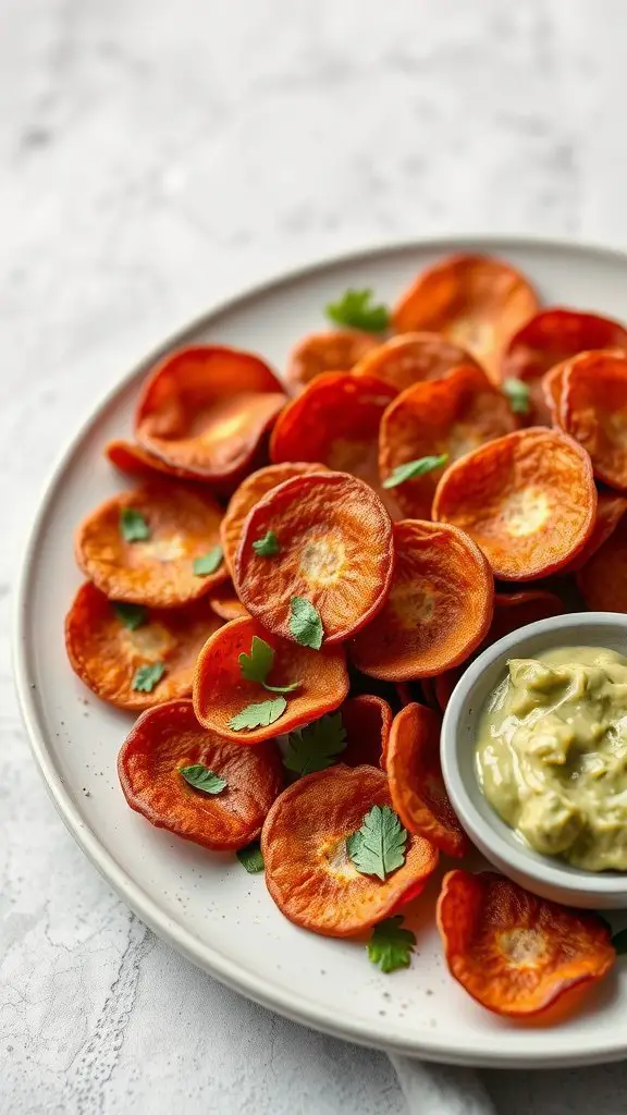A plate of crispy pepperoni chips garnished with cilantro, served alongside a small bowl of dip.