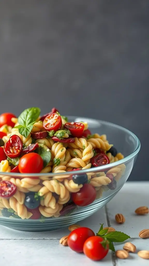 A glass bowl filled with pesto pasta salad, sun-dried tomatoes, and cherry tomatoes, garnished with fresh basil, with some tomatoes and almonds beside it.