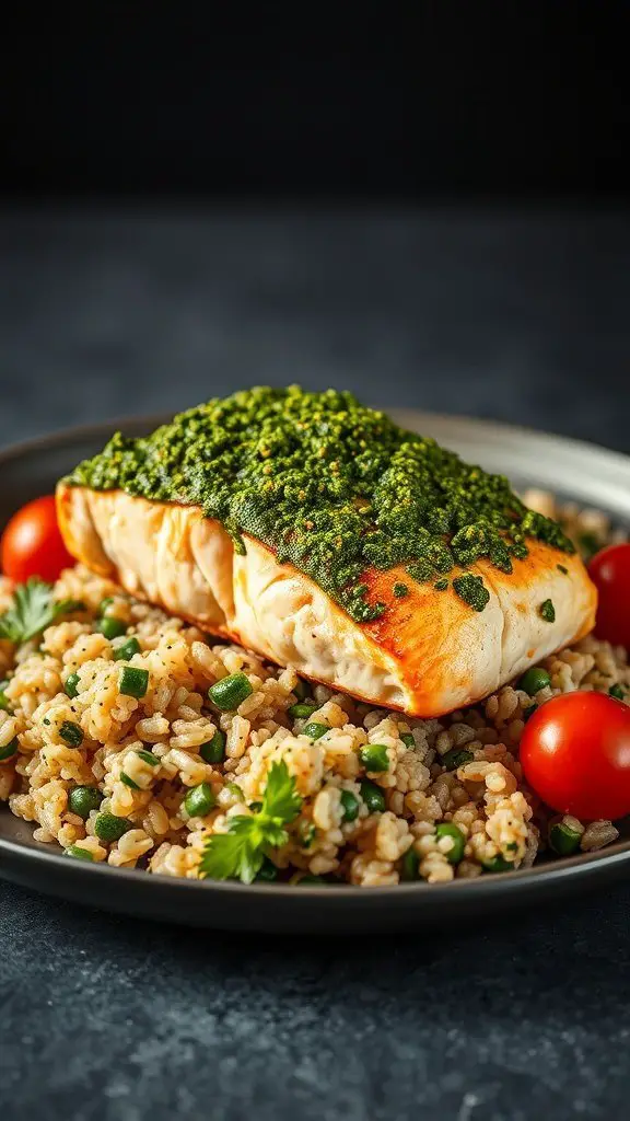 Pesto salmon served on a plate with quinoa and cherry tomatoes