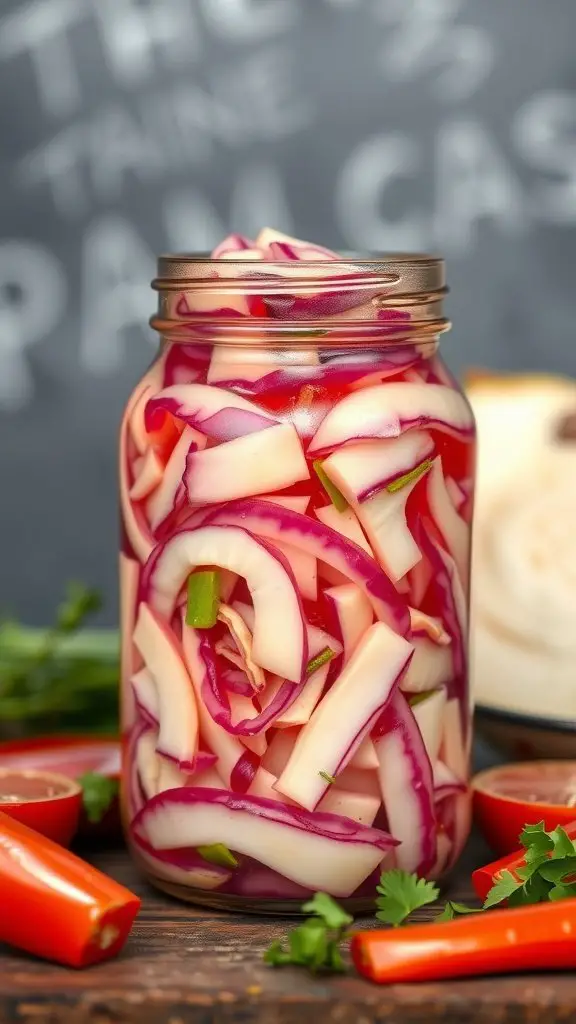 A jar of colorful pickled cabbage surrounded by fresh ingredients.