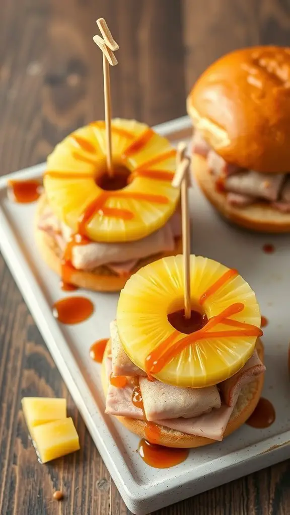 Pineapple and ham sliders with sauce on a plate