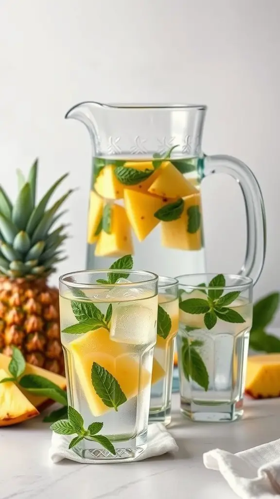 A pitcher of pineapple mint infused water with glasses, fresh pineapple, and mint leaves