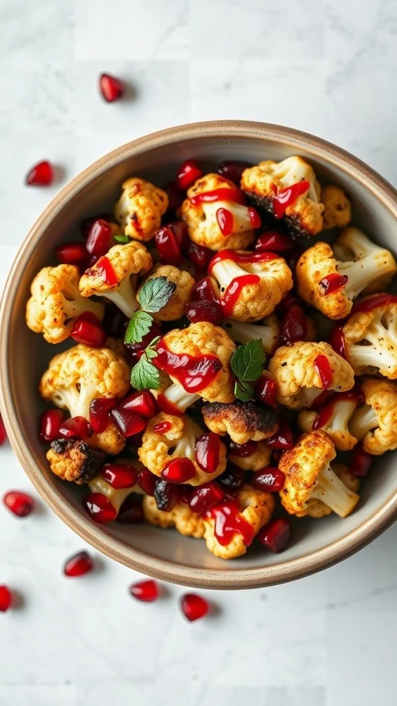Bowl of pomegranate glazed roasted cauliflower with pomegranate seeds and mint leaves