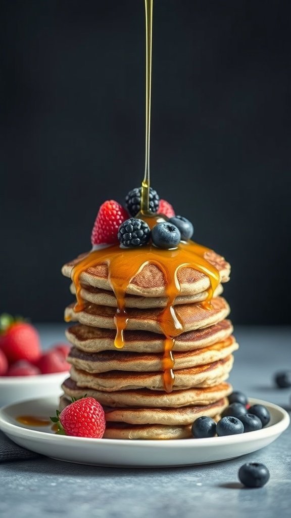 A stack of golden protein pancakes topped with fresh berries and drizzled with maple syrup.