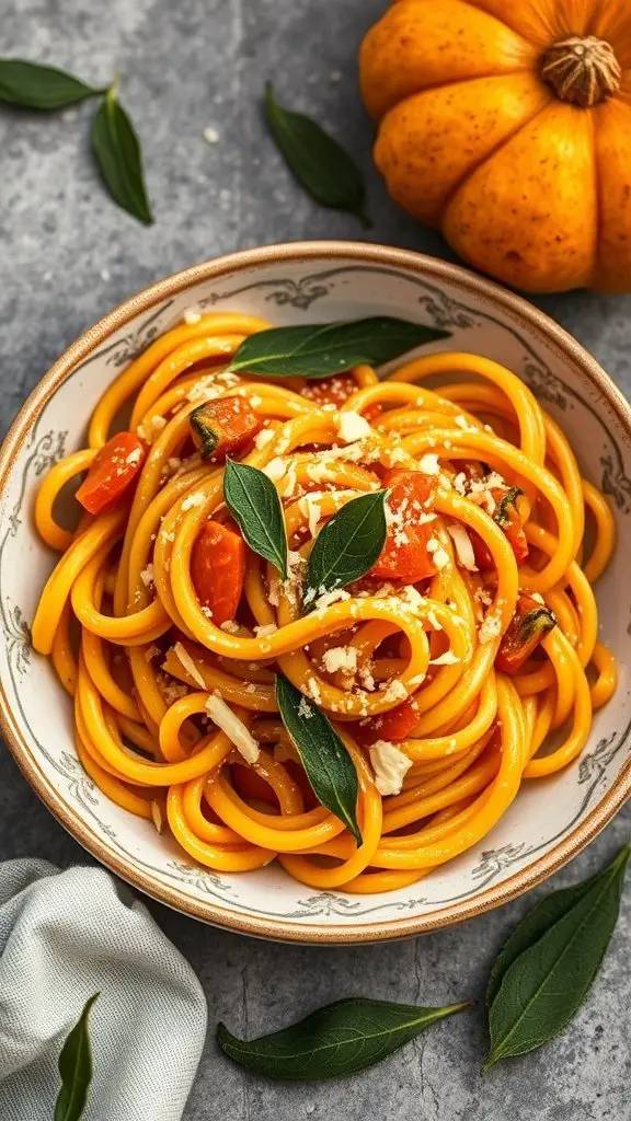 A bowl of pumpkin and sage pasta garnished with fresh sage leaves and cheese, alongside a small pumpkin.