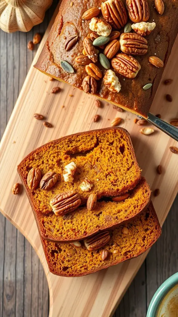 A loaf of pumpkin bread topped with nuts and seeds, sliced to show its rich, orange interior.