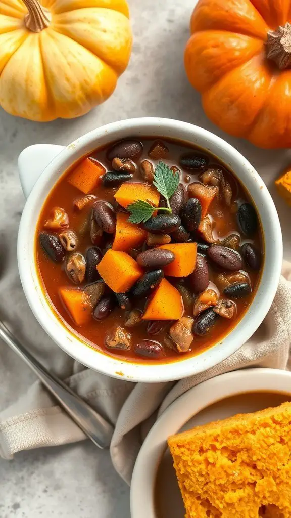 A bowl of pumpkin chili with black beans, garnished with herbs, beside pumpkins and cornbread.