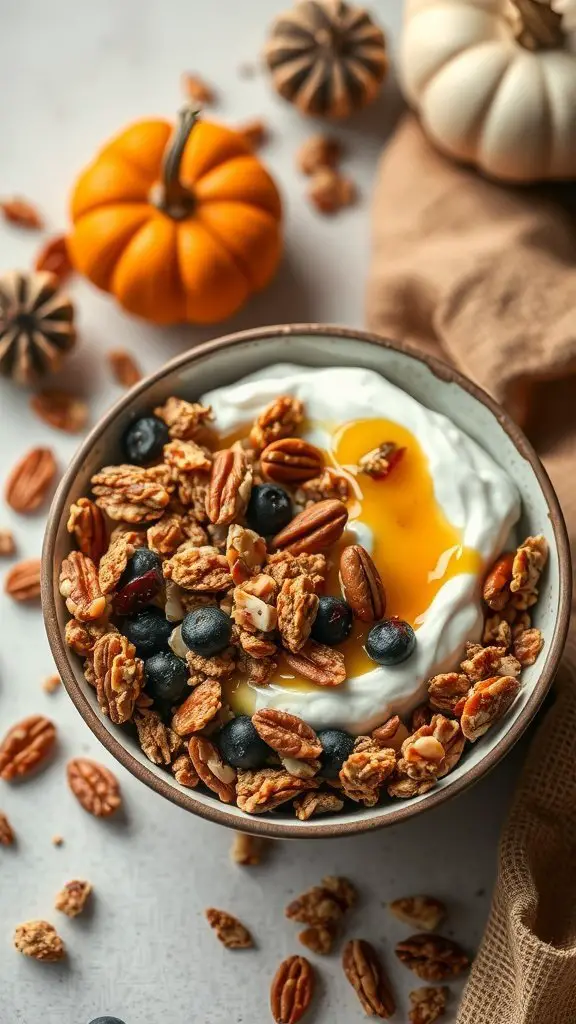 A bowl of pumpkin granola with nuts and berries, surrounded by mini pumpkins and a cozy cloth.
