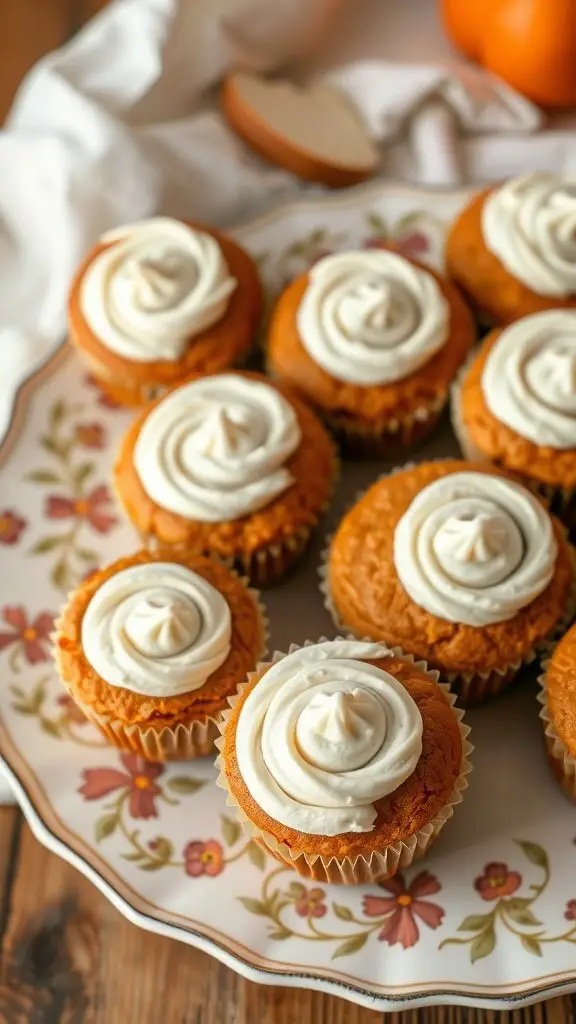 A plate of freshly baked pumpkin muffins with cream cheese swirl on top.