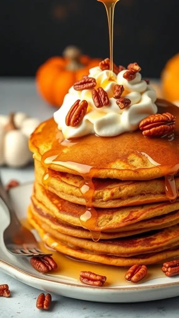 Stack of pumpkin pancakes topped with whipped cream and pecans, drizzled with maple syrup, with pumpkins in the background.