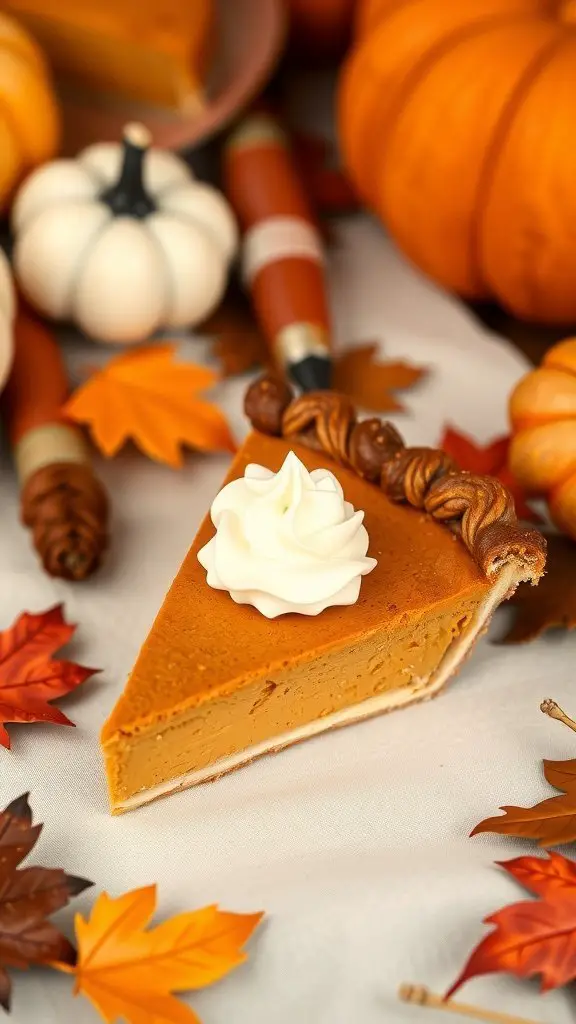 A slice of pumpkin pie topped with whipped cream, surrounded by autumn decorations.