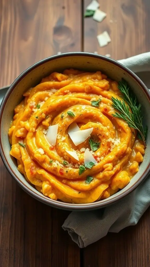 A bowl of creamy pumpkin risotto garnished with Parmesan and herbs on a wooden table