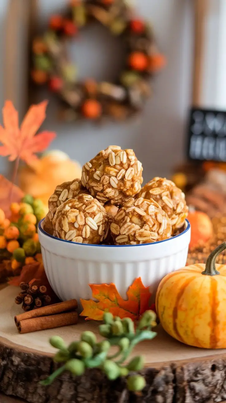 A bowl of pumpkin spice energy bites decorated with autumn leaves and a small pumpkin.
