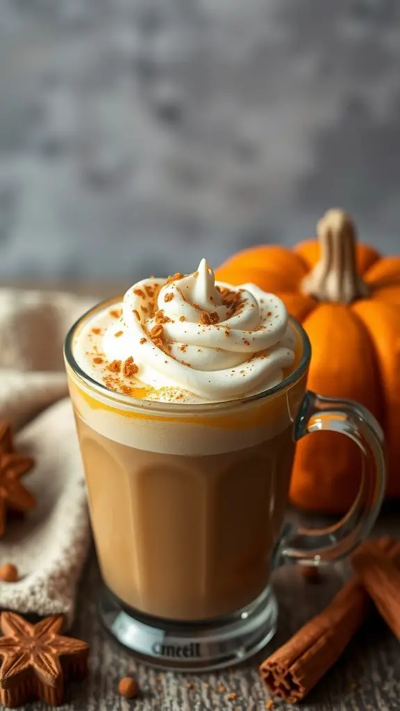 A delicious pumpkin spice latte topped with whipped cream and cinnamon, alongside a pumpkin and spices.