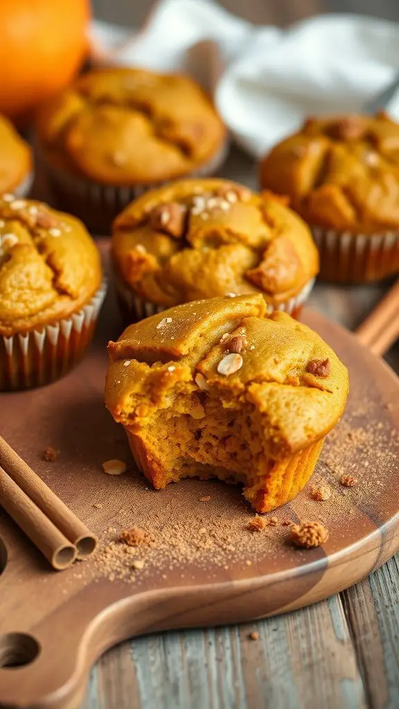 Delicious pumpkin spice muffins on a wooden board with one muffin partially eaten, showcasing a fluffy inside.