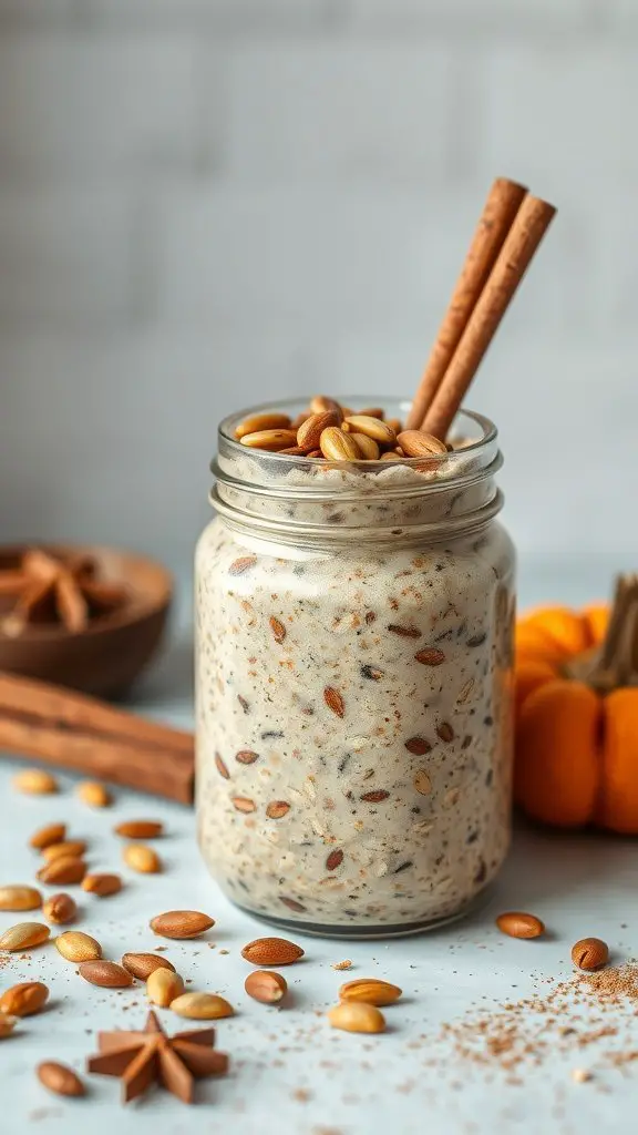 A jar of pumpkin spice overnight oats topped with nuts and cinnamon sticks, with a pumpkin in the background.