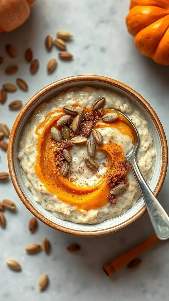 A bowl of pumpkin spice overnight oats topped with pumpkin puree, pumpkin seeds, and spices, with pumpkins in the background.
