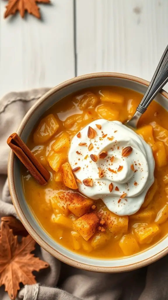 A bowl of pumpkin spice porridge topped with whipped cream, cinnamon, and almonds, set on a light wooden table.