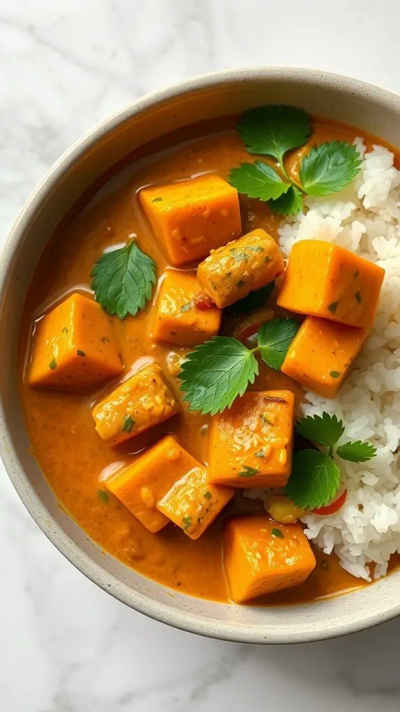 A bowl of pumpkin tofu curry with pieces of tofu and pumpkin in a rich orange sauce served with rice and garnished with cilantro.