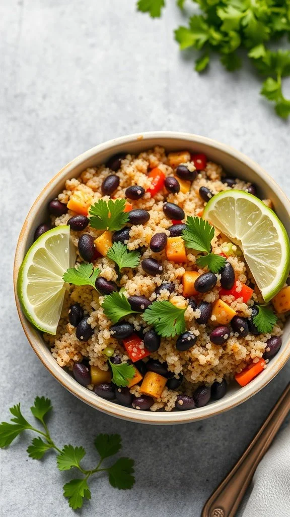 A bowl of quinoa and black bean salad with lime and cilantro garnishes.