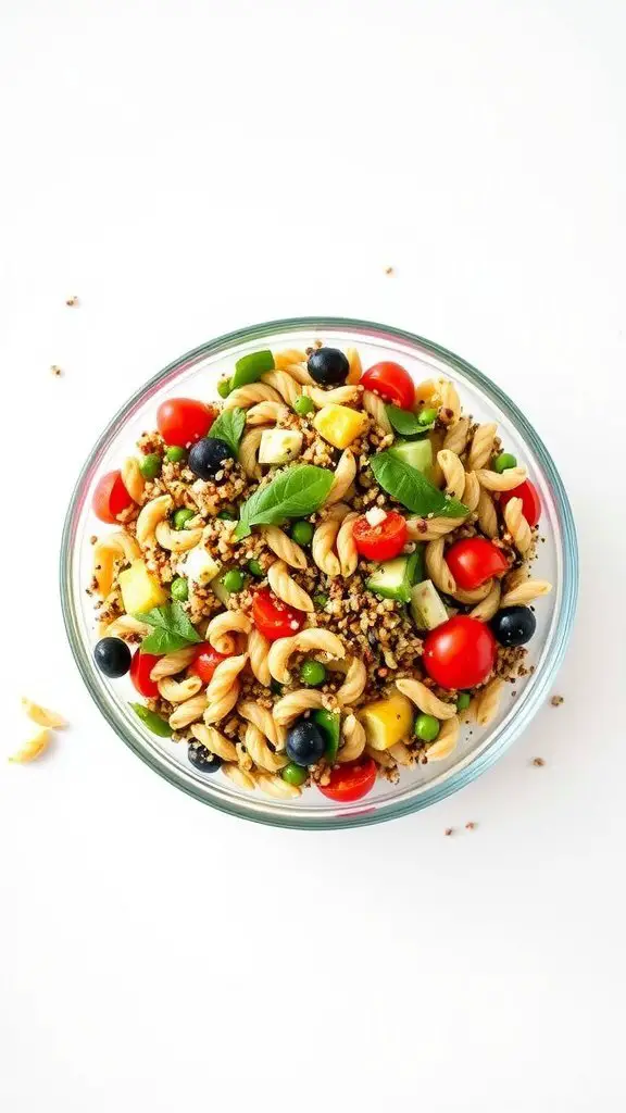 A colorful quinoa and pasta salad with vegetables in a glass bowl.