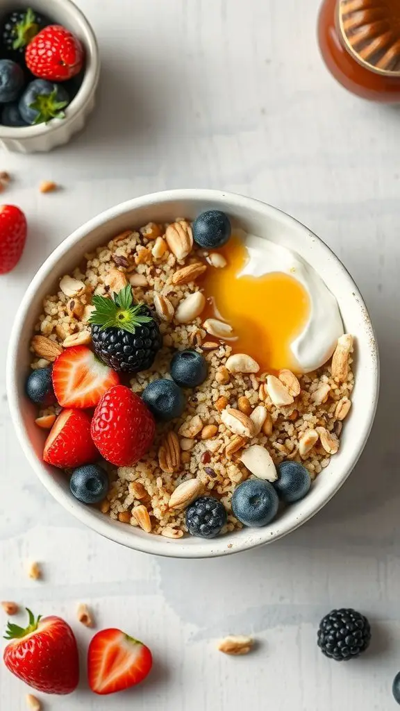 A quinoa breakfast bowl topped with strawberries, blueberries, blackberries, nuts, and a dollop of yogurt.