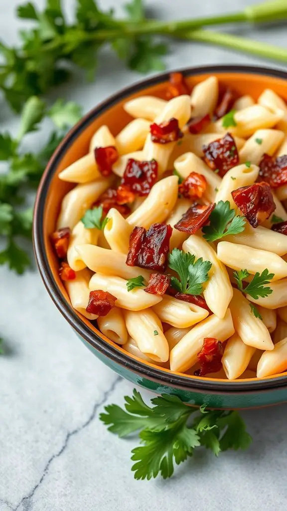A bowl of Ranch Pasta Salad with crispy bacon and fresh parsley, showcasing creamy pasta.