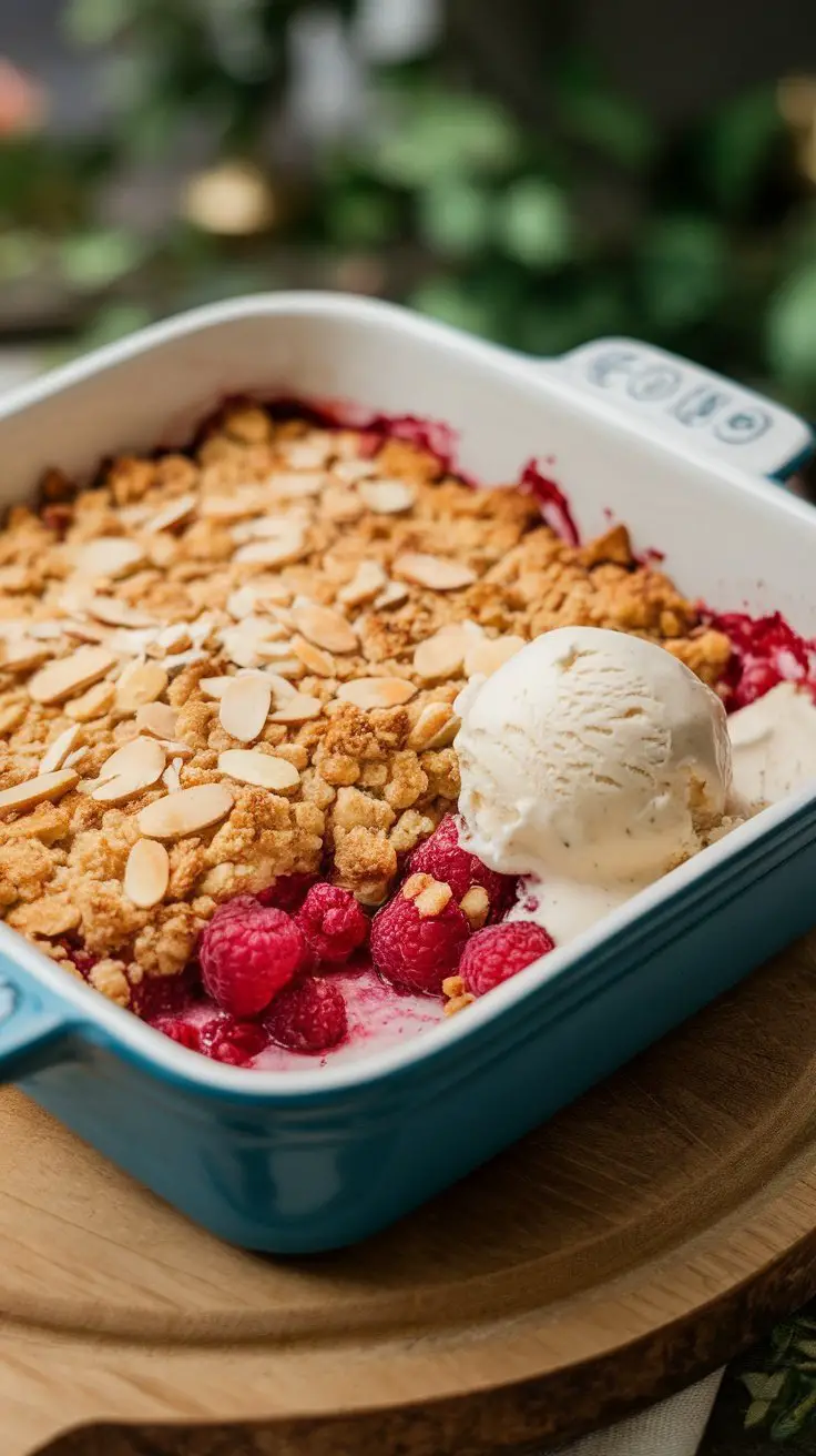 A blue baking dish filled with raspberry almond crumble topped with sliced almonds and a scoop of ice cream.